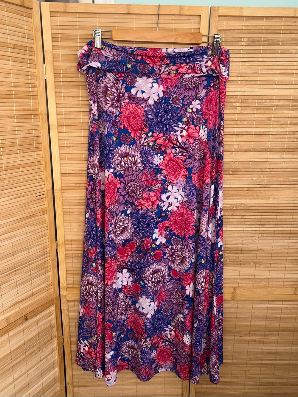 LuLaRoe maxi skirt vibrant  pink floral comfortable fold-over waistband XL
